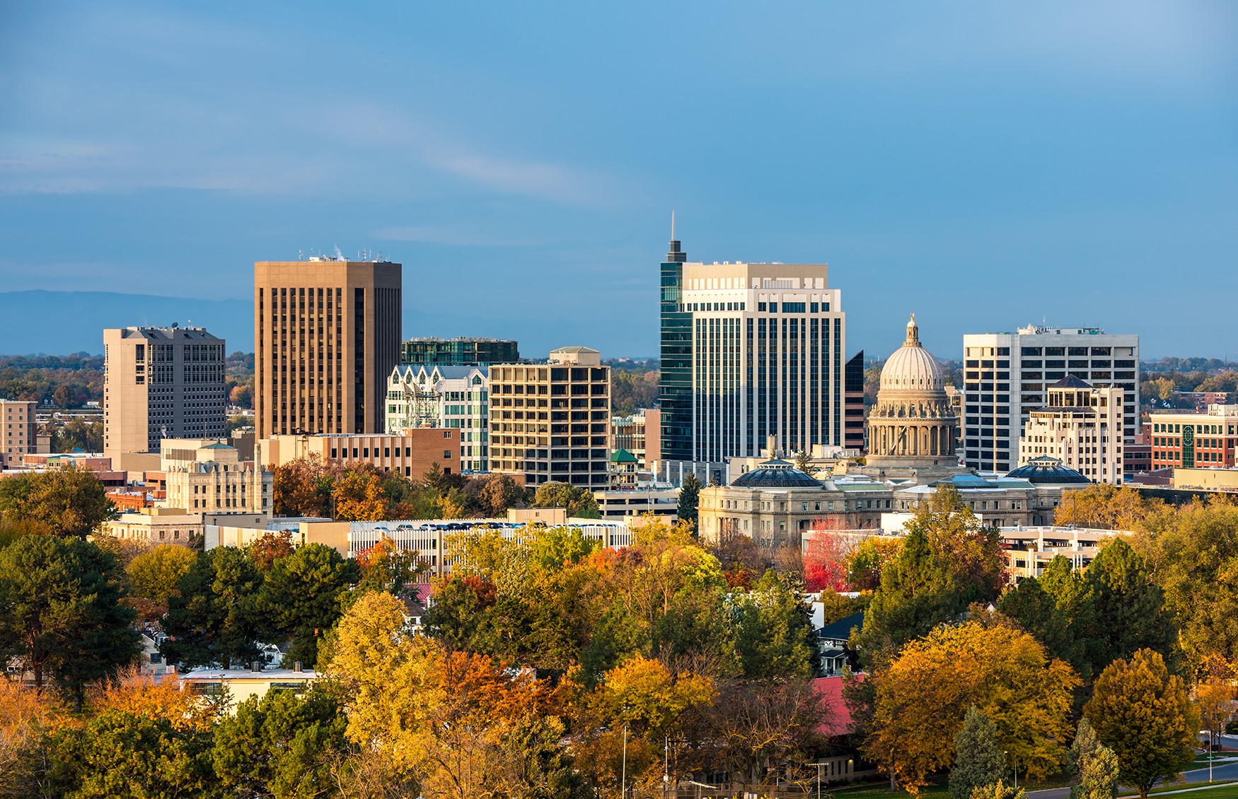 City of trees Boise Idaho with fall colors, with buildings paid by hard money loans