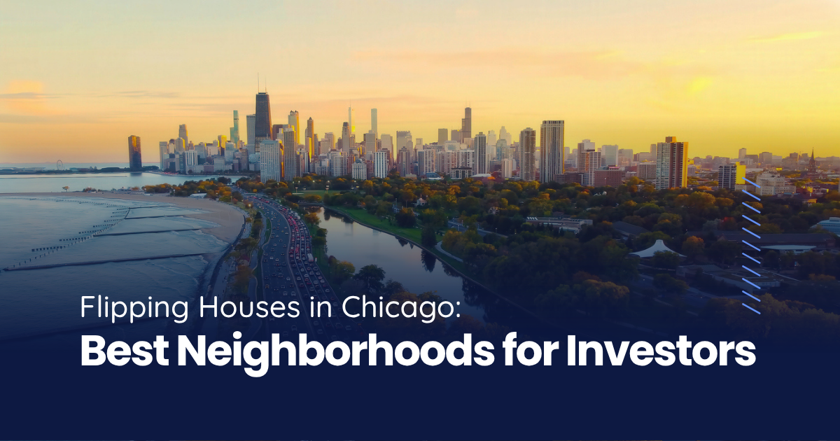 Aerial sunset view of Chicago skyline and lakefront for a guide to flipping houses in Chicago.
