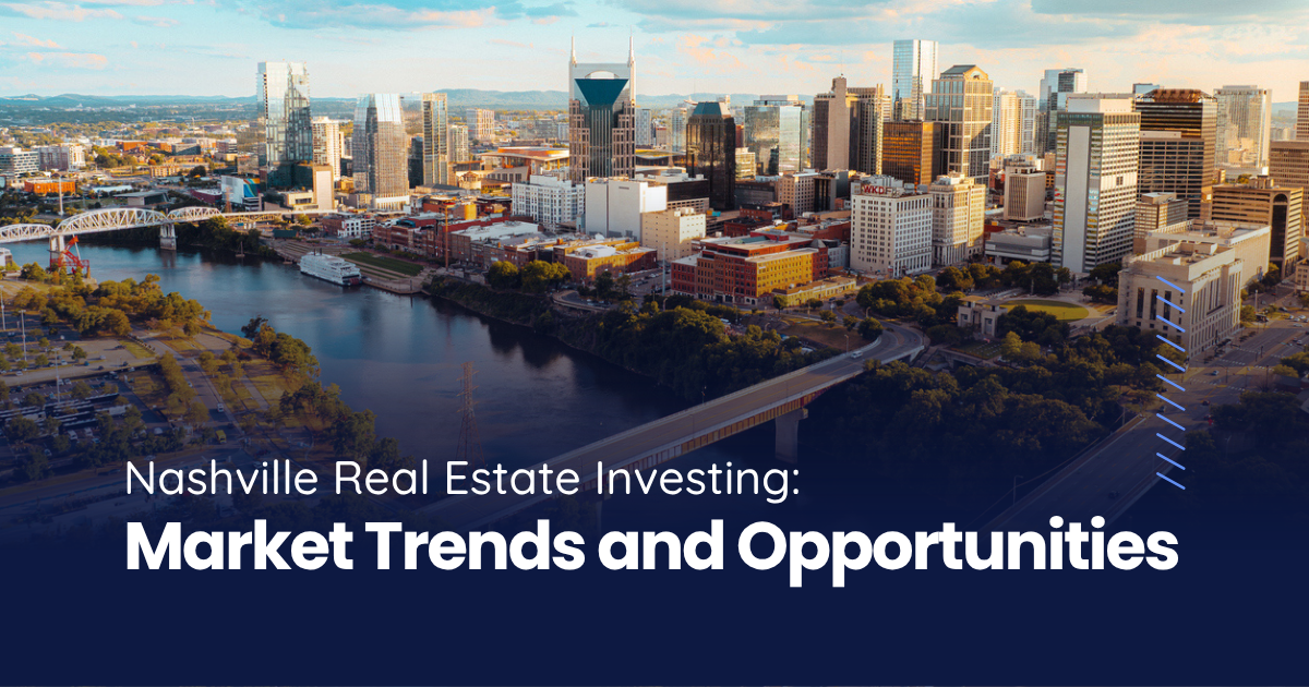 Aerial view of downtown Nashville skyline and Cumberland River for a guide on Nashville real estate investing.