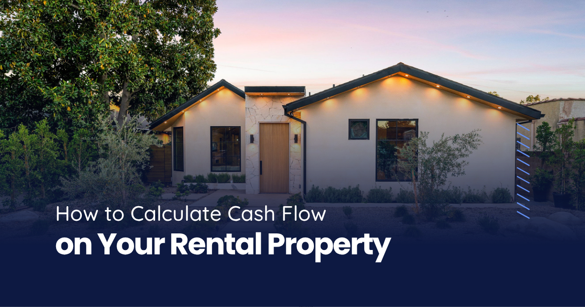 Renovated single-story home with stone entry and warm lighting at dusk, representing a rental investment property.